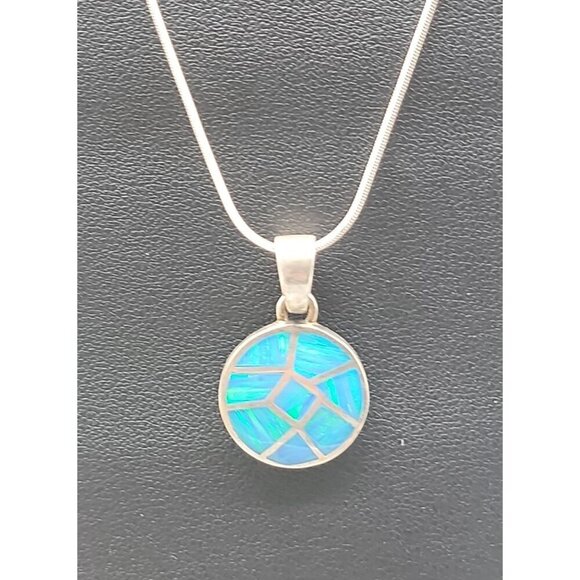 Sterling Silver Inlaid Blue Opal Pendant Necklace 16" Chain Signed ind0925 - Picture 2 of 16